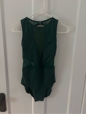 Womens Forest Green Mesh-Accent Leotard